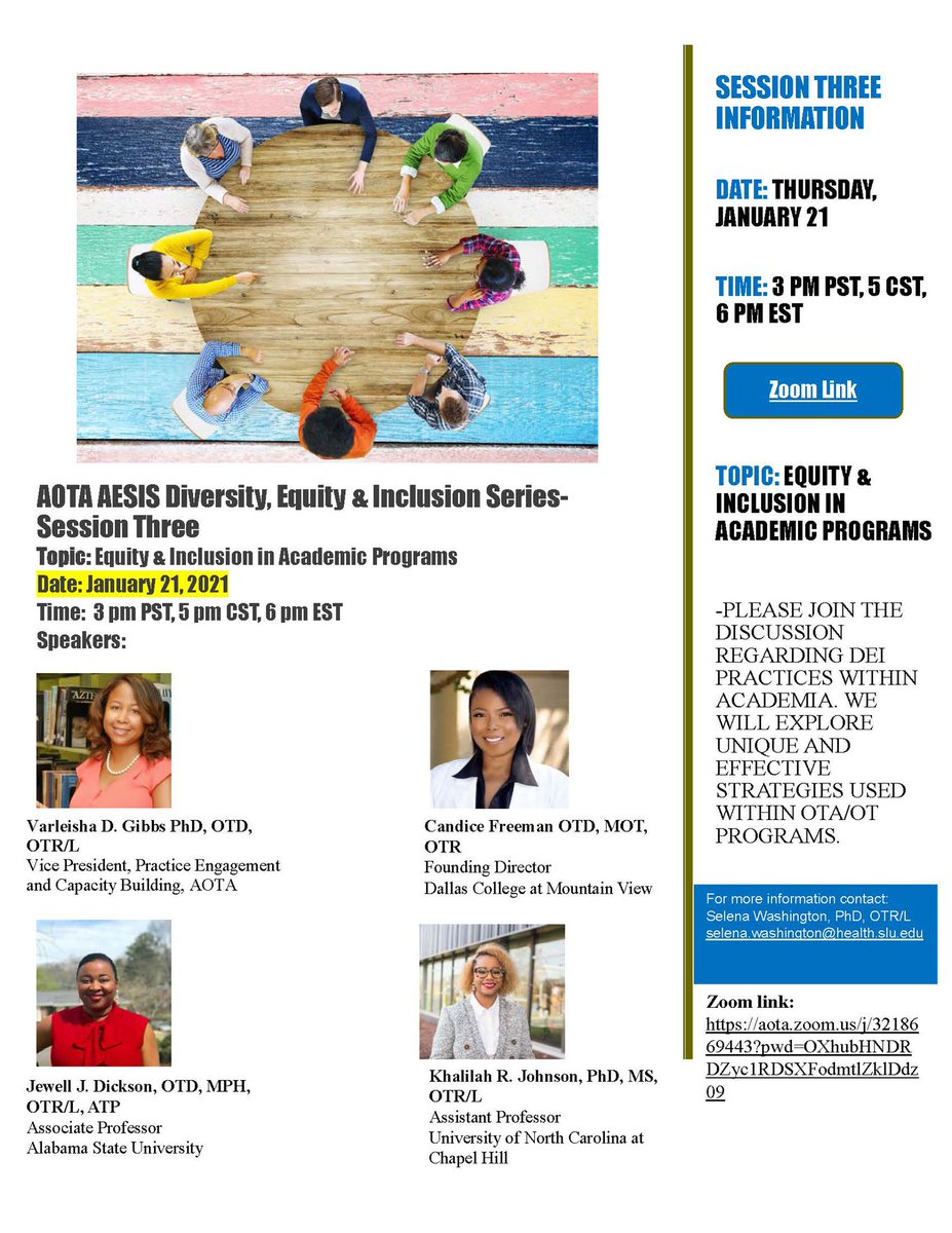 Mark your calendar! Equity &amp; Inclusion in Academic Programs. Thursday, January 21st at 5pm CST!
Zoom link: aota.zoom.us/j/3218669443?p…