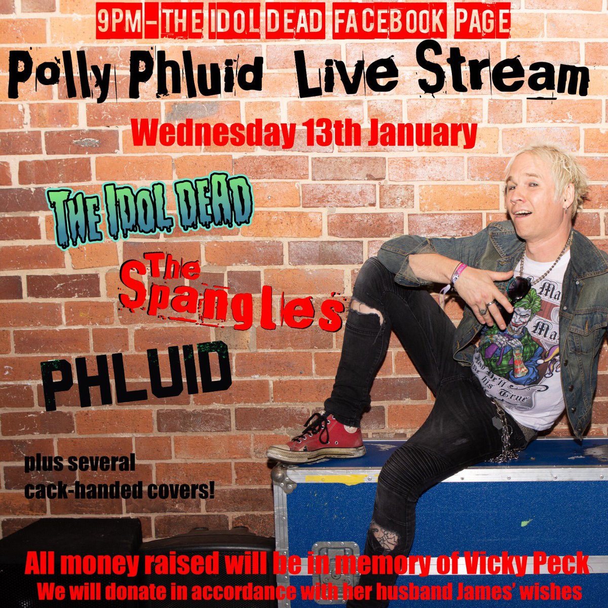 SpanglesThe's tweet image. 'You thought you'd got rid of me, but you were wrong old bean!' 

Tune in tomorrow 9pm on @TheIdolDead’s fb page! 

All money raised will go to charities that help people fighting cancer - in memory of Vicky Peck. She needs her own festival, but this is a start.

Polly xx