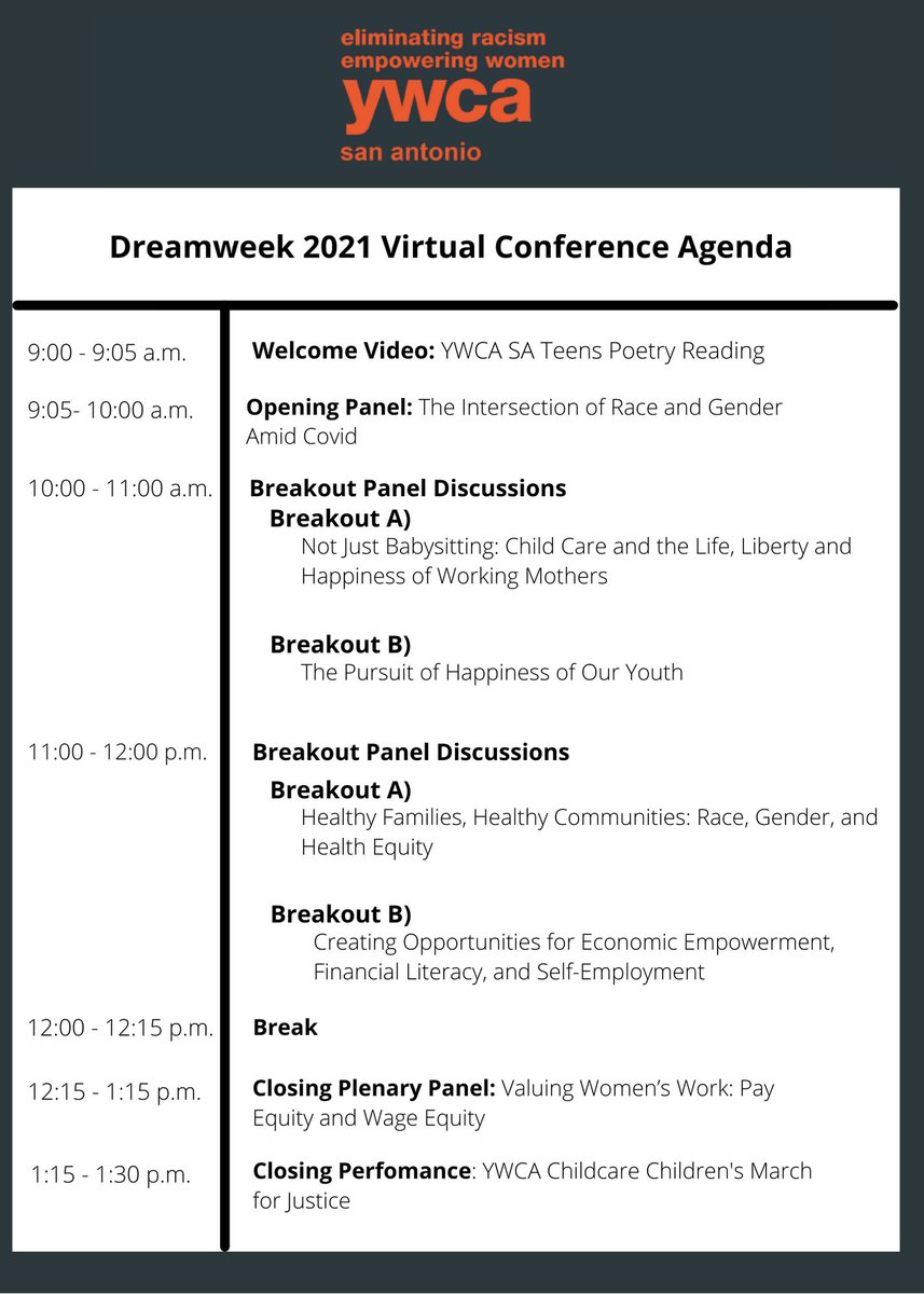 ywcasatx's tweet photo. Very excited to announce our Virtual Conference: LIFE, LIBERTY, AND THE PURSUIT OF HAPPINESS, REIMAGINING POSSIBILITIES FOR RACE AND GENDER. 
Join Us and Register NOW ===> https://t.co/rJVVItB9es
Monday, Jan 18 - 9:00 am - 1:30 pm #virtualconference #ywcaisonamission #ywcasa https://t.co/Y9gauStMVn