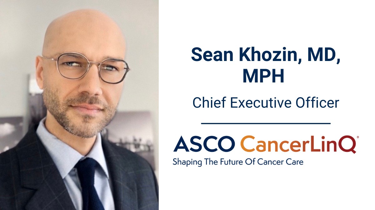 ASCO's tweet photo. We’re thrilled to welcome @SeanKhozin, board-certified oncologist, physician-scientist, and data science expert, as the new CEO of #CancerLinQ® LLC! https://t.co/I3HCSCp8c4 https://t.co/CBwMEJpQgx