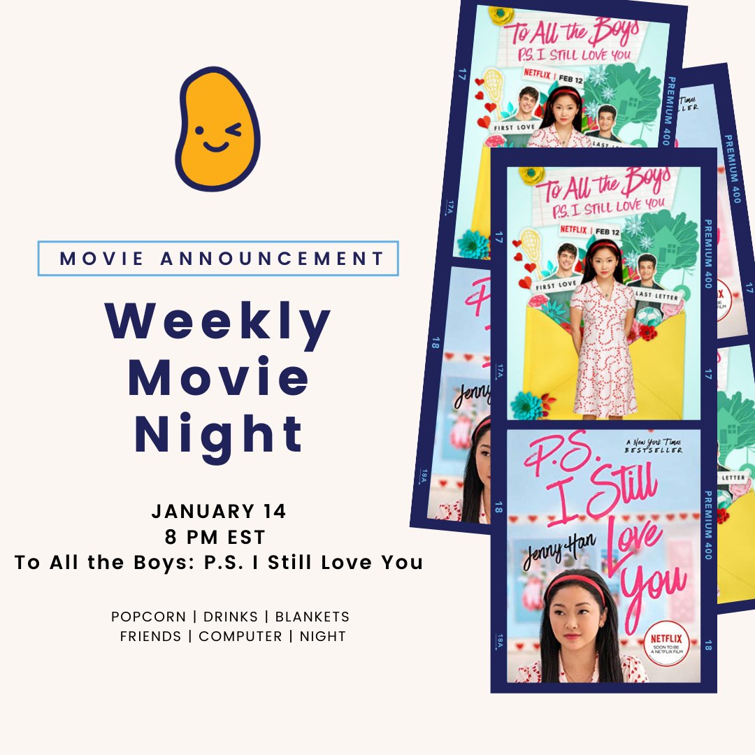 thepotato_tv's tweet photo. This week (1/14) we are hosting a kickback for To All the Boys I've Loved 2: P.S. I Still Love You, a rom-com manages to be sweet &amp; relatable. Enjoy a night of chit chat with your friends while watching. Interested in social streaming? Join our waitlist! https://t.co/V2ULCIgECh https://t.co/91GEw0lUUM