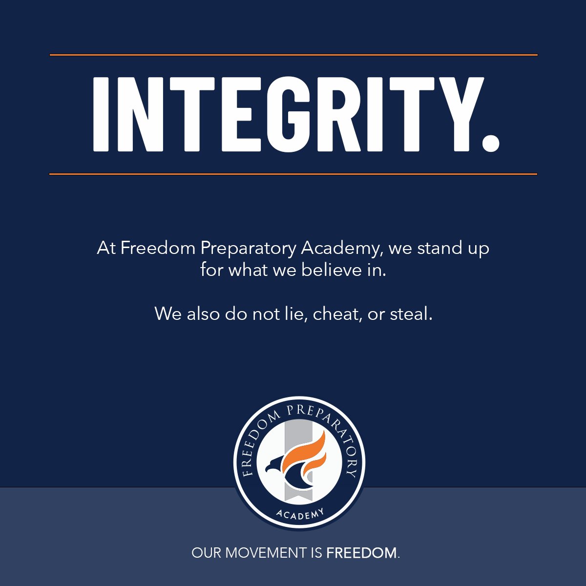 FreedomPrepAcad's tweet photo. Our Core Value focus for January is INTEGRITY! Along with a top-notch academic curriculum, Freedom Prep offers daily modeling of our Core Values in action – from teachers, staff, and students alike! #WhyFreedomPrep #FPACoreValues https://t.co/lrEAH3XC5T