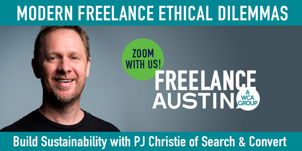 FreelanceAustin's tweet photo. What would you do if you faced an ethical dilemma with a client? Don't miss tomorrow's talk with PJ Christie of @SearchNConvert on building an "ethical roadmap" &amp; aligning your values with your work. Wed 1/13 12-1:30 pm. Register by today https://t.co/CTg9SoLpR4. #freelancetips https://t.co/yYzQTZwklH
