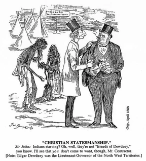 Here is a political cartoon from a *Toronto* paper from 1888 critiquing Macdonald for his starvation, genocidal policies. Knowing this debunks the whole 'you can't judge the past by the standards of today.' Even using the standards of JAM's time, he was criticized.