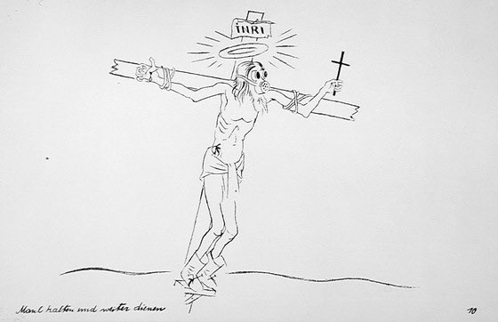 Grosz further warned against radical far-right religious views in 1927’s “Shut Up and Do Your Duty,” a work that shows Jesus Christ nailed to the cross wearing combat boots and a gas mask— a criticism of politicizing Christianity