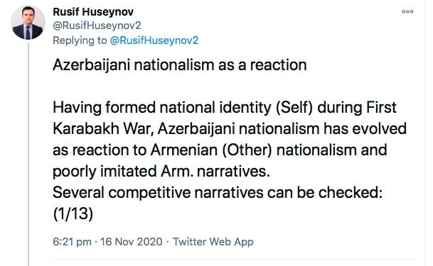 6-Genocidal discourse became the founding myth of Az Republic. It's dangerous, and not only for ArmeniansThis inverted genocidal discourse is self-destructive, since "the other" is a social construct. Ask the Kurds in Turkey. If you do not believe the Kurds, ask the Gulenists.