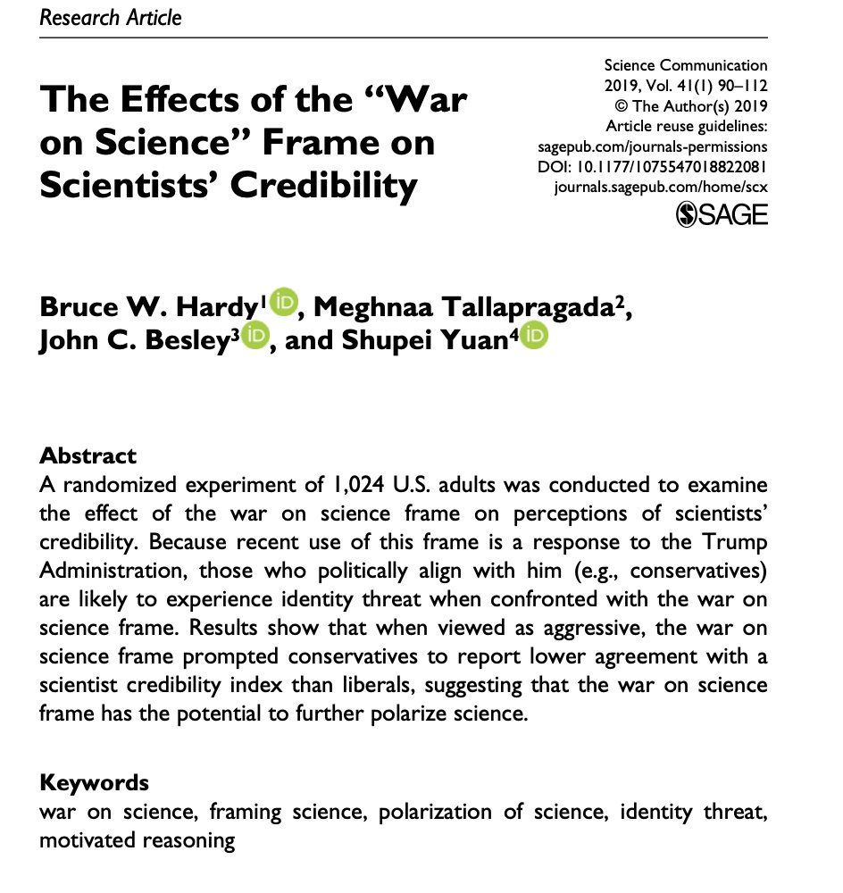 5) In fact, research shows that the use of war metaphors by scientists like  @MichaelEMann harms the credibility of climate scientists -- see study by  @APPCPenn's  @brucewhardy,  @CommDeptMSU's  @JohnBesley +  @TUKleincollege's  @tmeghnaa  #scicomm  #envcomm  https://journals.sagepub.com/doi/full/10.1177/1075547018822081