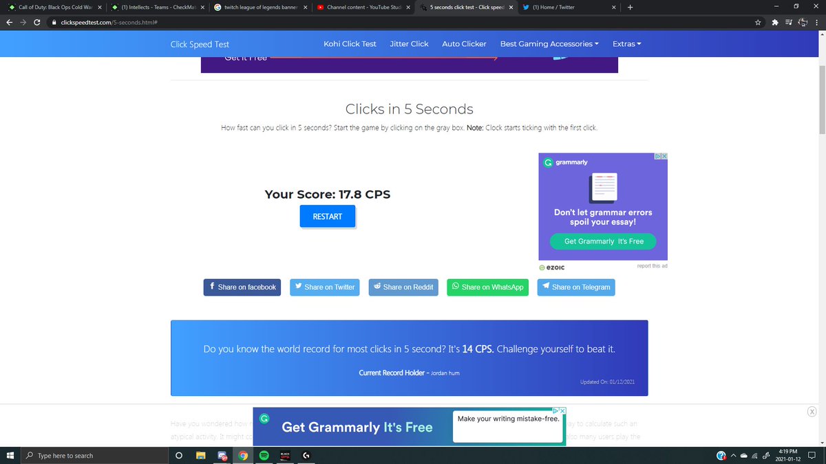 ClootedS's tweet photo. My New Best CPS test score is 17.8 CPS. I clicke 89 times in 5 Seconds. Now Show My WR https://t.co/ILvBzAchjd