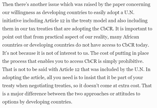  @emmaieze of the Nigerian Federal Inland Revenue Service described his experience with the Inclusive Framework, and reform efforts more generally. Among other insights, his thoughts on CBCR vs Article 12 UN
