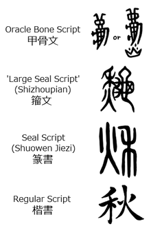 Comparison of oracle bone script, large and small seal scripts, and regular script characters for autumn (秋)