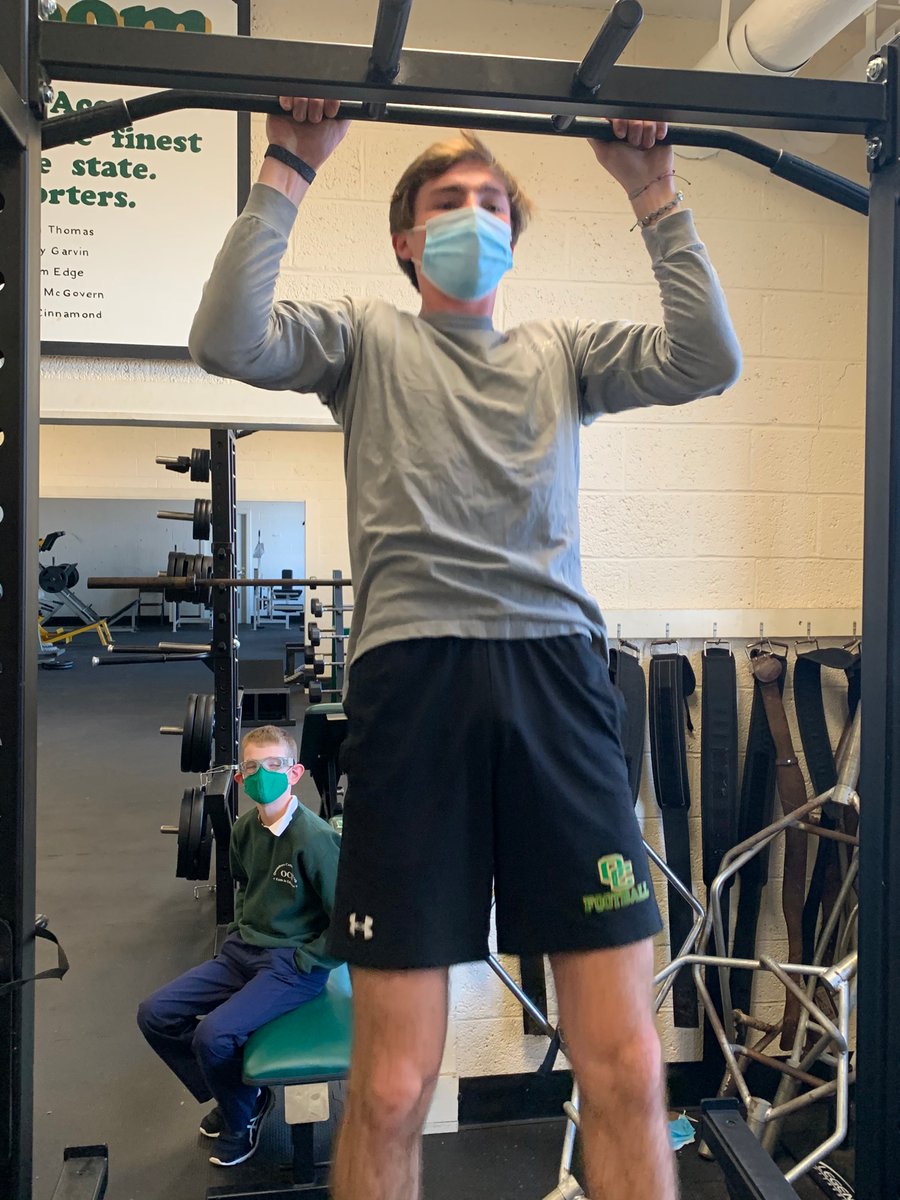 Sophomore Wr/DB, Lincoln Ferguson finishing up a set of pull-ups. Lincoln will be a playmaker for us very soon!