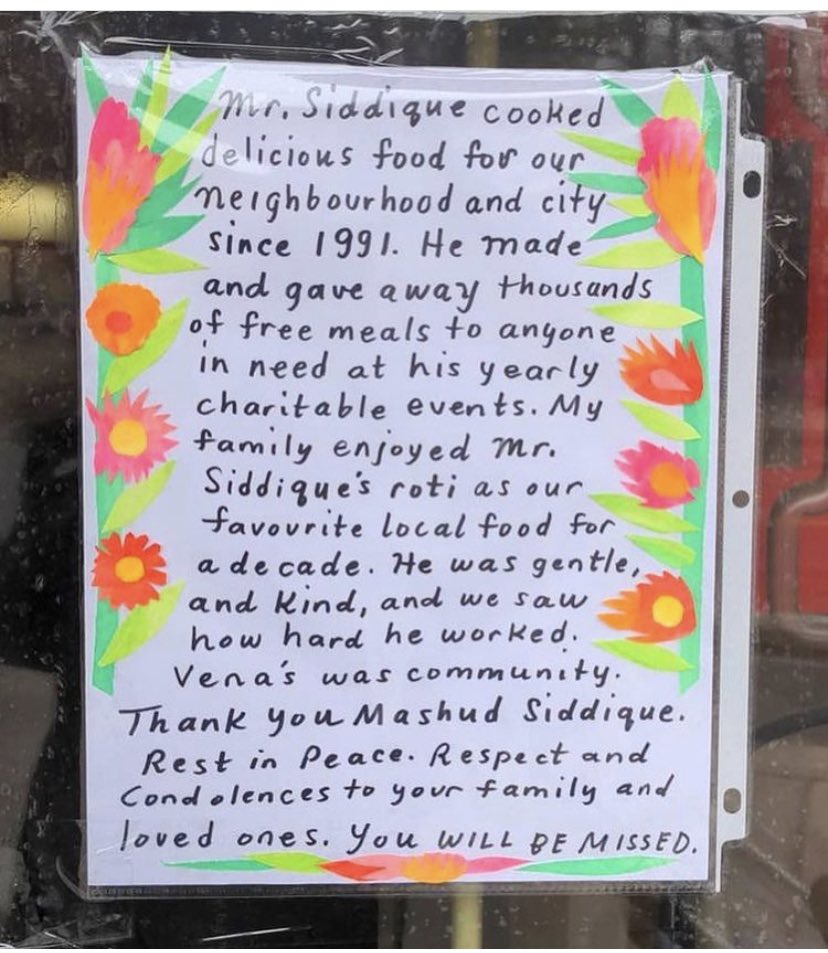 MaritStiles's tweet photo. Sad news for our community. Mashud Siddique of Vena’s has passed away.  Lovely note posted by neighbours. He will be missed.  Thank you @westendphoenix for sharing this news w us. #DavenportTO https://t.co/7rWISGayG3
