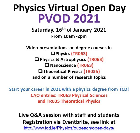 Curious about studying Physics <a href="/tcddublin/">Trinity College Dublin</a>? Find out more at the Physics Virtual Open Day this Saturday