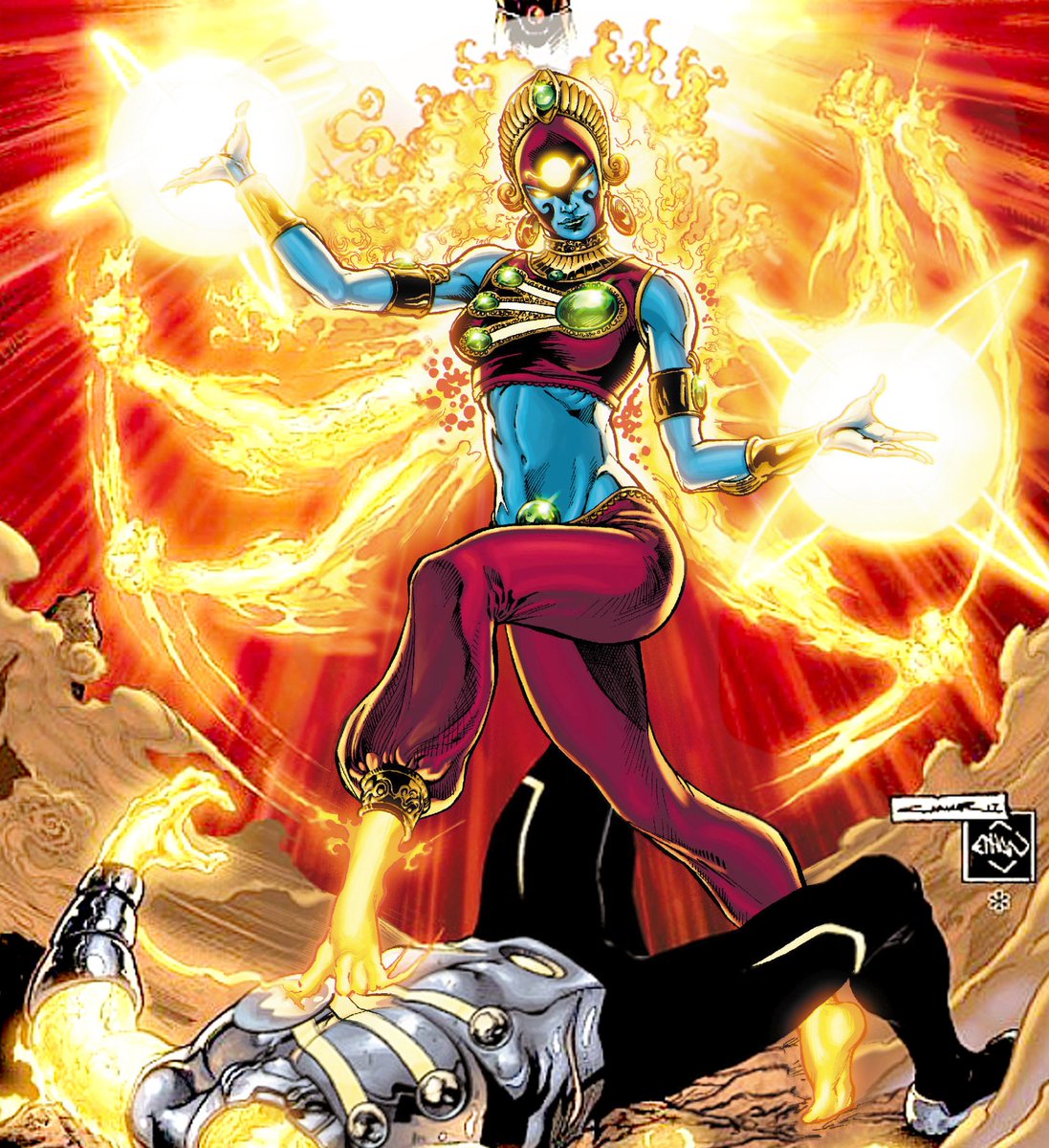 4) RAKSHASHI - Bearer of a Firestorm matrix, real name unknown, this Indian national briefly opposed Ronnie &Jason during their time as a pair of red/yellow Firestorms; she was sadly killed in action, as I love her design.My wife literally has PJ pants in precisely that style.