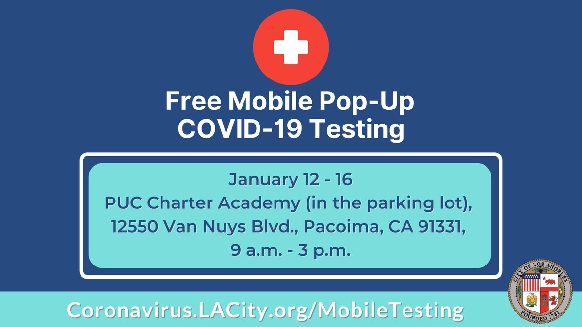 LACity's tweet photo. Updated for 1/12/21: 

The LA City Mobile Testing Group is bringing COVID-19 testing to communities throughout the City for those who are unable to drive to a testing site. 

✅ No appointment necessary
✅ Tests are free with or without insurance
ℹ️https://t.co/ylzZNqL5Cf https://t.co/77k04VwQ0P