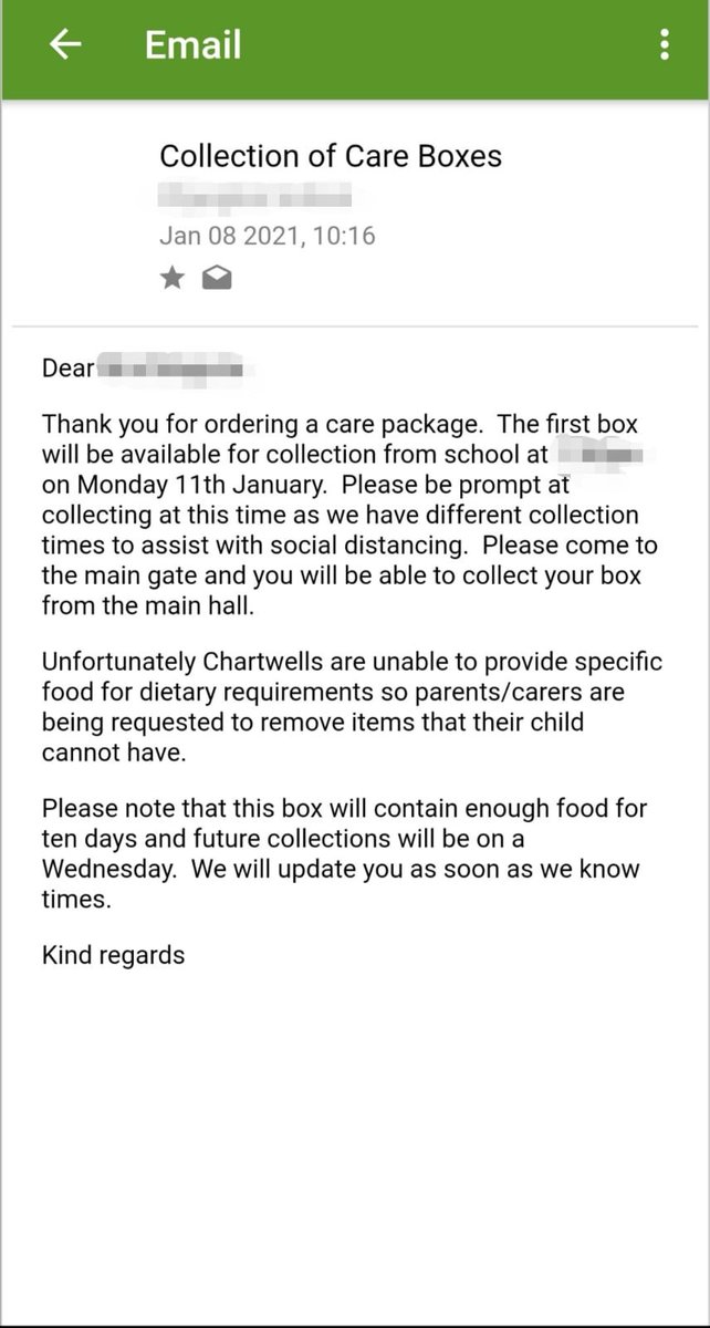Me: Important to understand email seen by  @BylineTimes from the school told parents the first care pack was for 10 days: "please note this box will contain enough food for ten days" Also value of vouchers for 2 weeks was £30, not the charge for food, packing and distribution