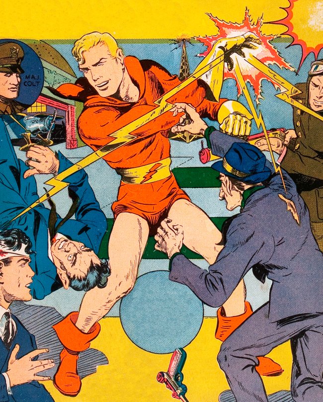 3) SHOCK GIBSON - Sometimes known as The Human Dynamo, Charles and/or Robert Gibson (accounts vary) uses his real name and doesn't always wear a mask, but still somehow has a secret identity; his costume went through a lot of changes, but this one looks especially pajamafied.