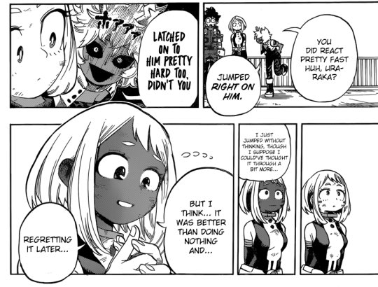 Next let’s look at Ochako’s self sacrificial nature and how that parallels to Deku’sOur prime example will be this scene, how she immediately jumps into Deku’s black whip, no regard for herself, in order to save Deku.