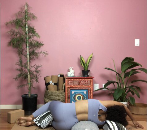 Here are some passive ways to move your spine. Use a pillow or bolster to twist over, side stretch over, or come into a slightly arched back.