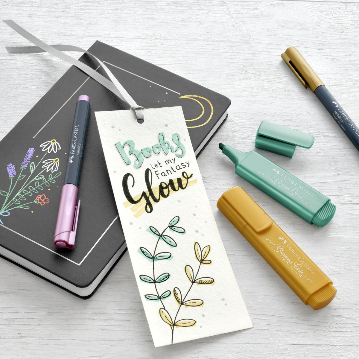 Metallic pens and highlighters by Faber-Castell combine beautifully for journals, cards, and more. Try the pens on both black and white paper for stunning effects.