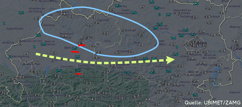 uwz_at's tweet image. Der #Westwind beschert derzeit in #OÖ Temperaturunterschiede auf engstem Raum, wie etwa zwischen Wels (1.5) und dem 15 km entfernten #FlughafenLinz #LOWL (-3). In den Voralpen sorgen zudem föhnige Effekte für deutliche Plusgrade (Micheldorf 5.7, St. Ägyd am Neuwald 4.2).