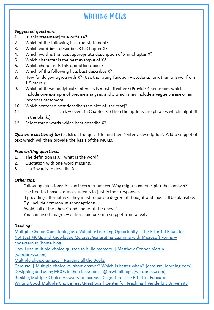 amy_smith117's tweet photo. I've quickly typed up the discussion about using Forms for MCQs from earlier - for anyone who (like me) is new to using these questions to challenge students. I may well update this later in the week after a bit more experimentation. https://t.co/riUVjpoDPN