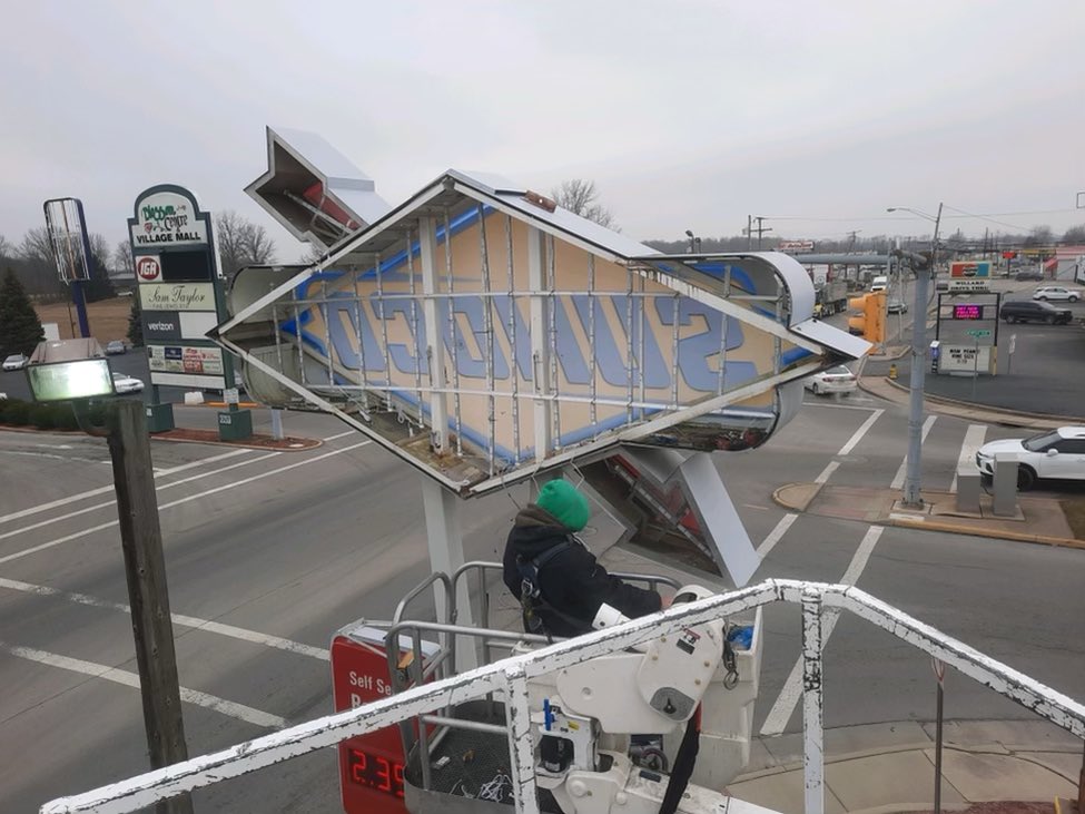 BradySignCo's tweet image. In progress photo from the guys of another LED retrofit at a Sunoco gas station down in Willard today. #LEDRetrofit #GoGreen #SignService
