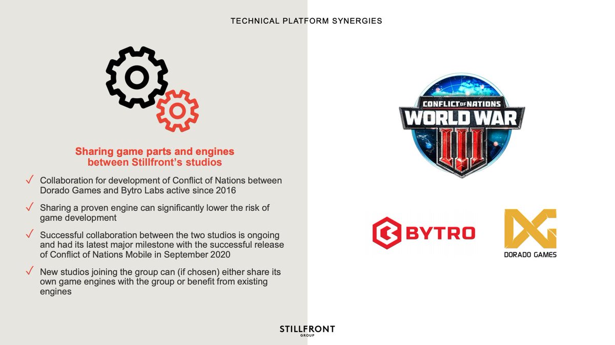  Technical Platform Synergies· Sharing games parts and engines between the 18 Stillfront studios· This lowers the development risk and reduces development times