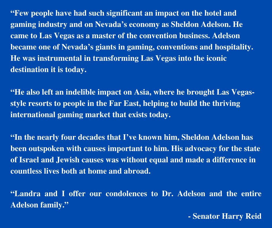 My statement on the passing of Sheldon Adelson.