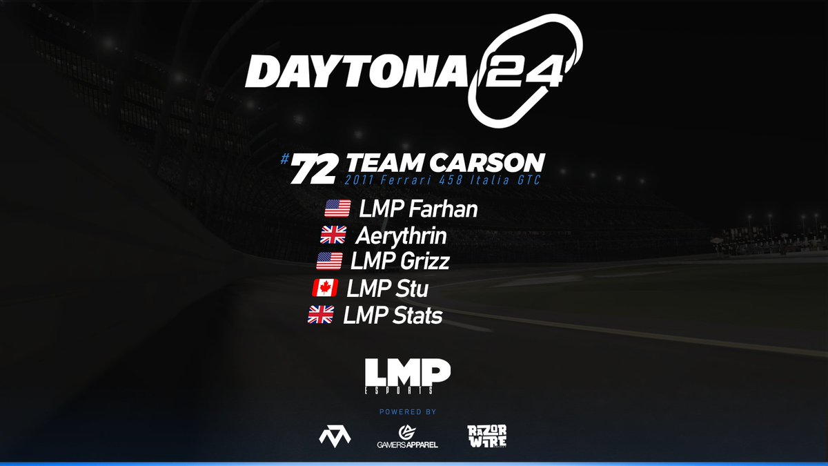 Our secondary livery reveal and drive line up is the Team Carson Ferrari F458 for the <a href="/TheReal_TORA/">TORA</a> #24hDaytona. Drivers @farhan_zaman04, <a href="/LMP_Grizz/">Marcus (Grizz)</a>, <a href="/Aerythrin_/">ᴺᵒᵗ</a>, <a href="/Andystatsenough/">Andrew James (Stats)</a>, and LMP Stu will be driving the car around the circuit.

Livery by <a href="/LMPKrispy/">LMP Krispy</a>. #ExceLMP