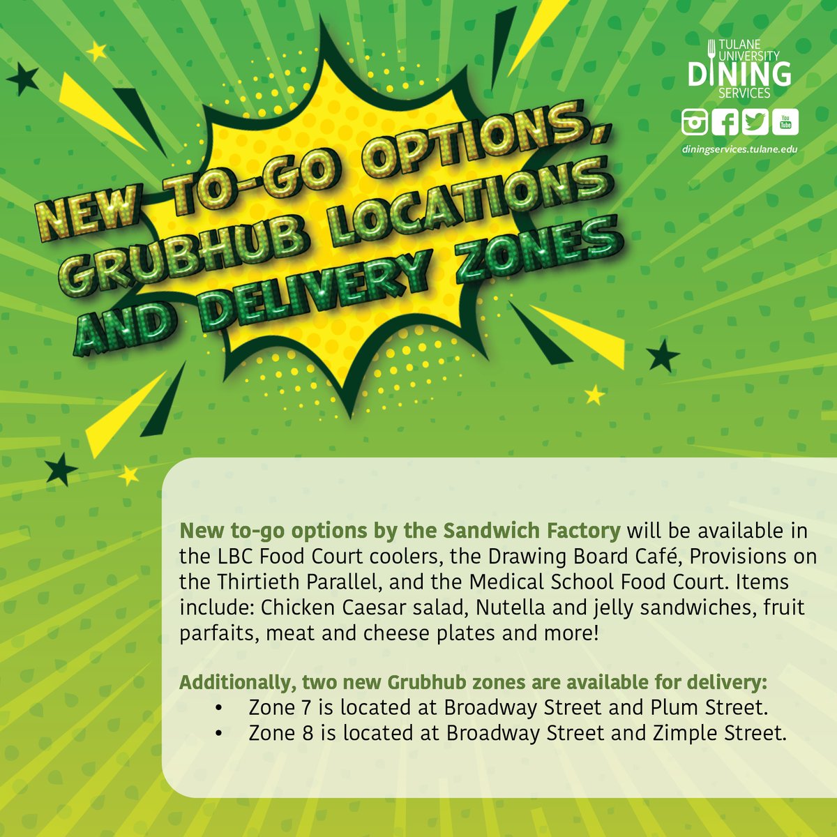 TulaneDining's tweet photo. From all of us at Tulane Dining, welcome back! 🌊 Spring 2021 is going to be a great semester and we wanted to inform you of some exciting dining updates! Check out all of the new menu items, Grubhub updates and continuing safety protocols! https://t.co/ih9Q8pMkLq