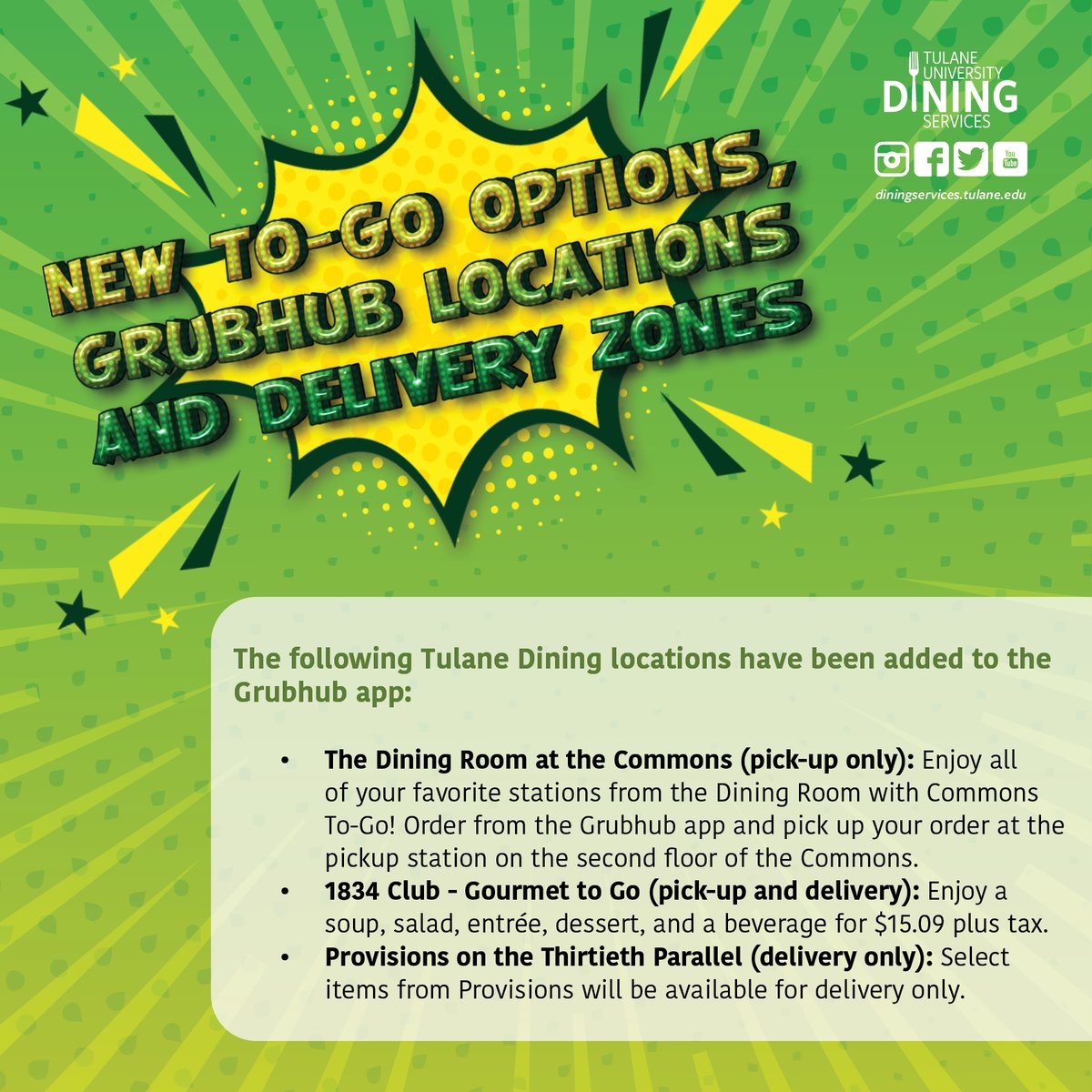 TulaneDining's tweet photo. From all of us at Tulane Dining, welcome back! 🌊 Spring 2021 is going to be a great semester and we wanted to inform you of some exciting dining updates! Check out all of the new menu items, Grubhub updates and continuing safety protocols! https://t.co/ih9Q8pMkLq