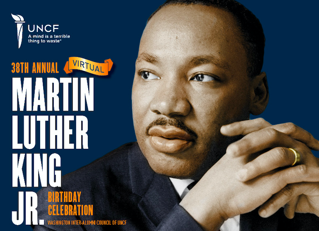 UNCF's tweet image. Join UNCF on Monday, January 18th as we celebrate the legacy of Dr. Martin Luther King, Jr. 

To register for this virtual event, visit: bit.ly/3pWDEzR

#MLKDay