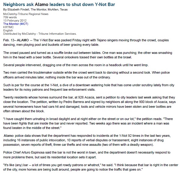 Alamo is the former home of the best bar in the world: The Y-Not Bar. Tragically, the city shut down the Y-Not in 2013 after many neighborhood complaints and a minor police standoff/raid issue.But it will always remain in our hearts.