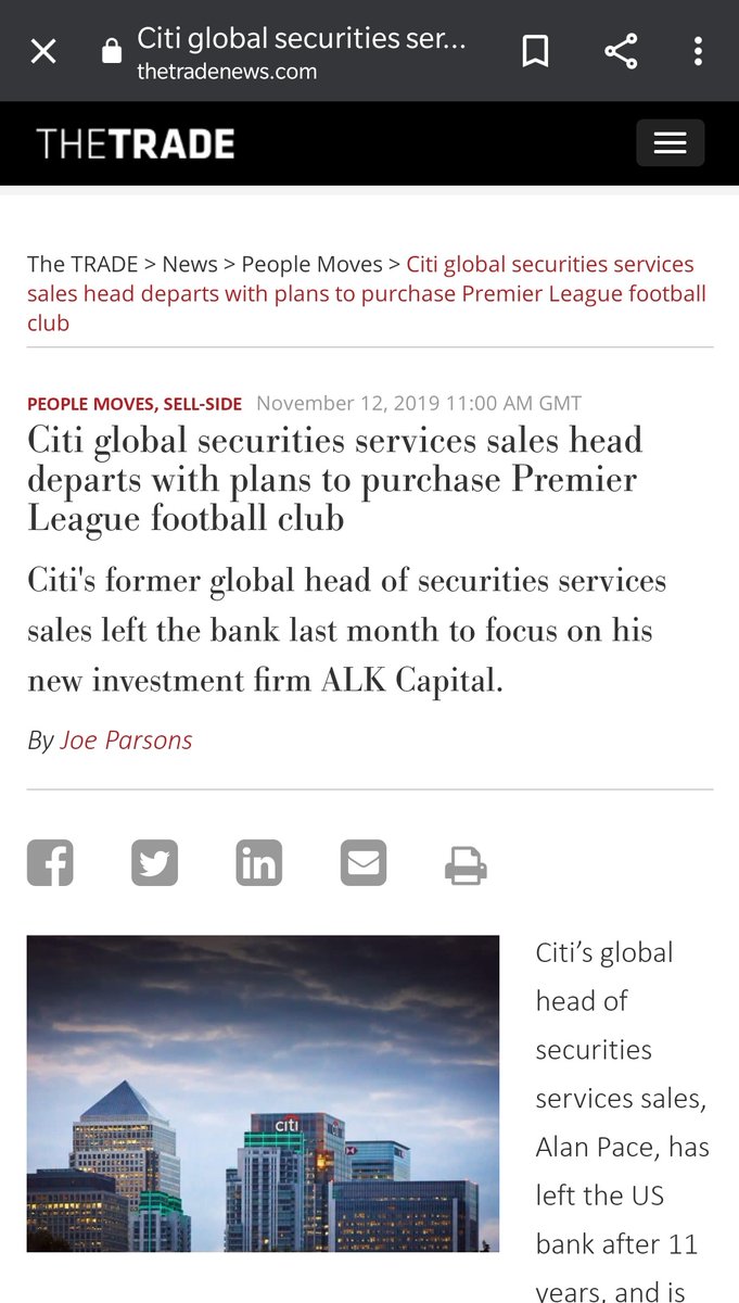 In 2019 when Alan Pace the new Chairman of Burnley quit Citi news reports said that he joined with Checketts to start ALK Capital and that they were going to invest in a football club in England.Both Checketts and Pace were front and centre on the failed Sheffield United deal