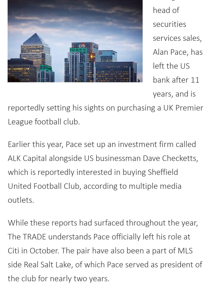 In 2019 when Alan Pace the new Chairman of Burnley quit Citi news reports said that he joined with Checketts to start ALK Capital and that they were going to invest in a football club in England.Both Checketts and Pace were front and centre on the failed Sheffield United deal