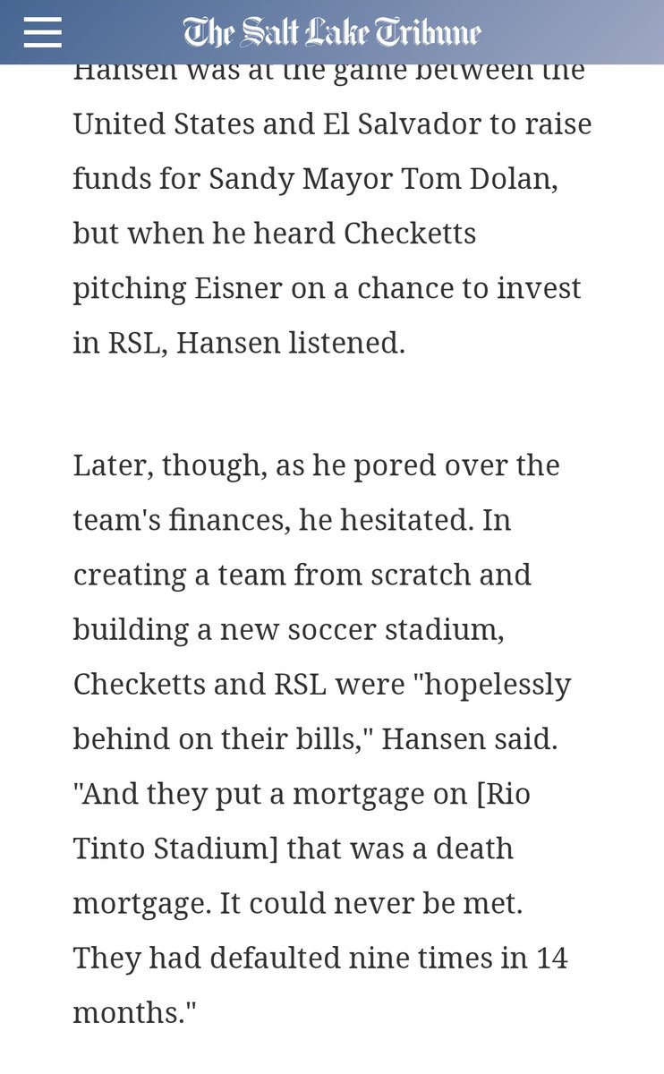 Dell Roy Hanson who bought RSL from Checketts is quoted as saying that "they (meaning Checketts and co) had defaulted nine times in 14 months."