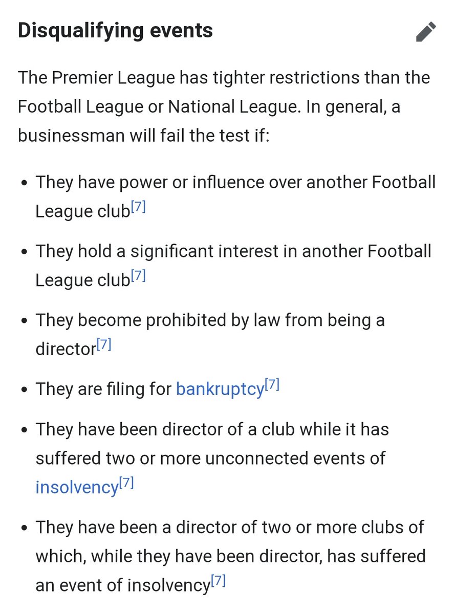 So why this may be pertinent now? Because as per the Premier League fit and proper rules someone is disqualified if"They have been a director of two or more clubs of which, while they have been director, has suffered an event of insolvency"