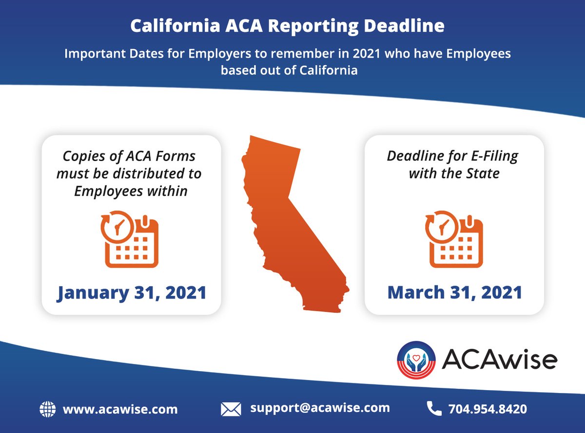 ExpressACAForms's tweet photo. In-state and out-of-state employers who employ #California residents are obligated to provide the same data outlined in Section 6055 of the Affordable Care Act.

Here are the important dates #employers should remember if they have employees based out of California.

#Statemandate https://t.co/Di2kSswAQO