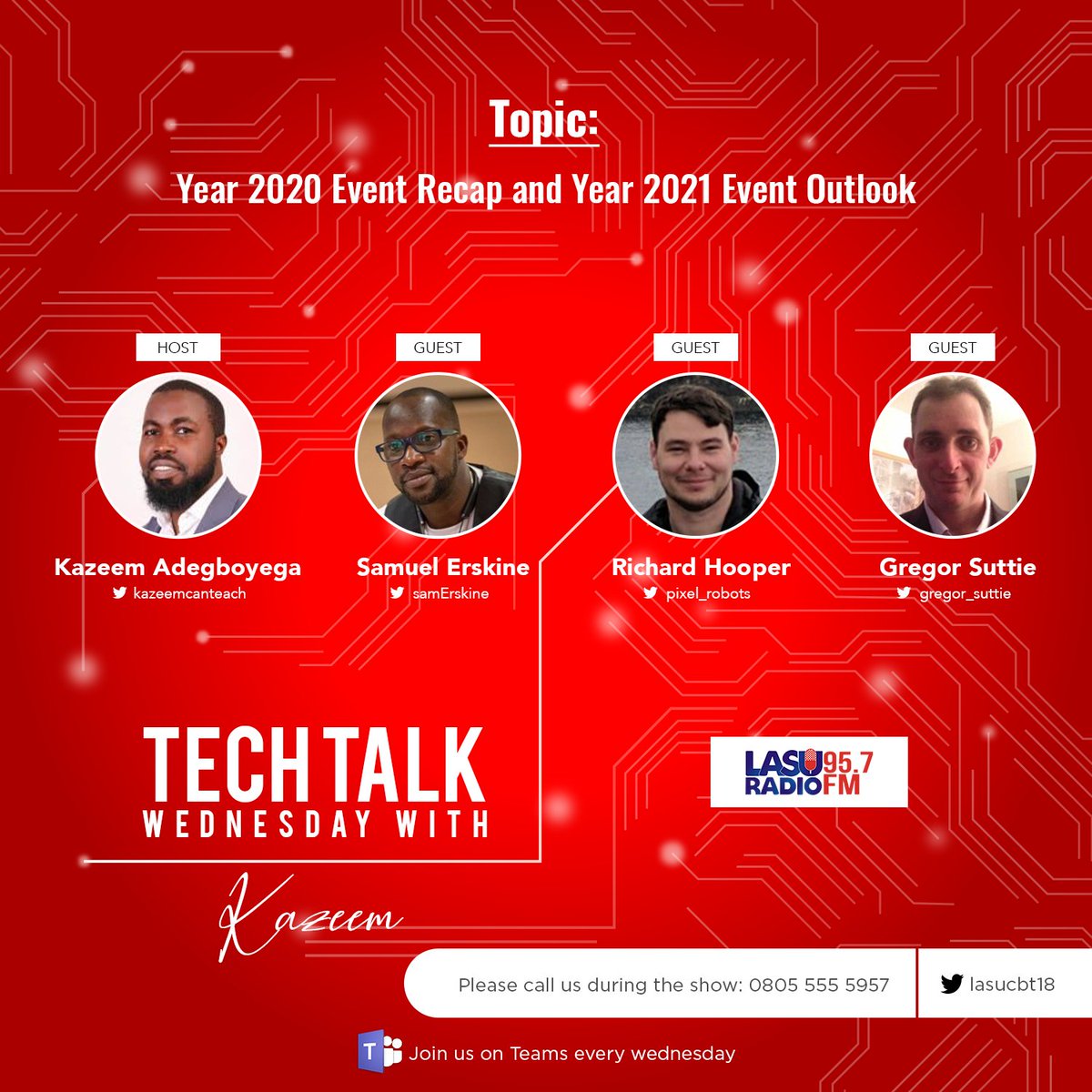 KazeemCanTeach's tweet photo. Join me, @samerskine @Pixel_Robots and @gregor_suttie on tomorrow's Episode of the Tech Talk to recap our 2020 Tech Events and what to expect in 2021.
Join us on teams: https://t.co/Ua5n982leu
Time: 1:30 - 2:00pm (WAT)
#TechTalkWednesday #TechTalkWednesdayWithKazeem https://t.co/LXoLW7vxpx