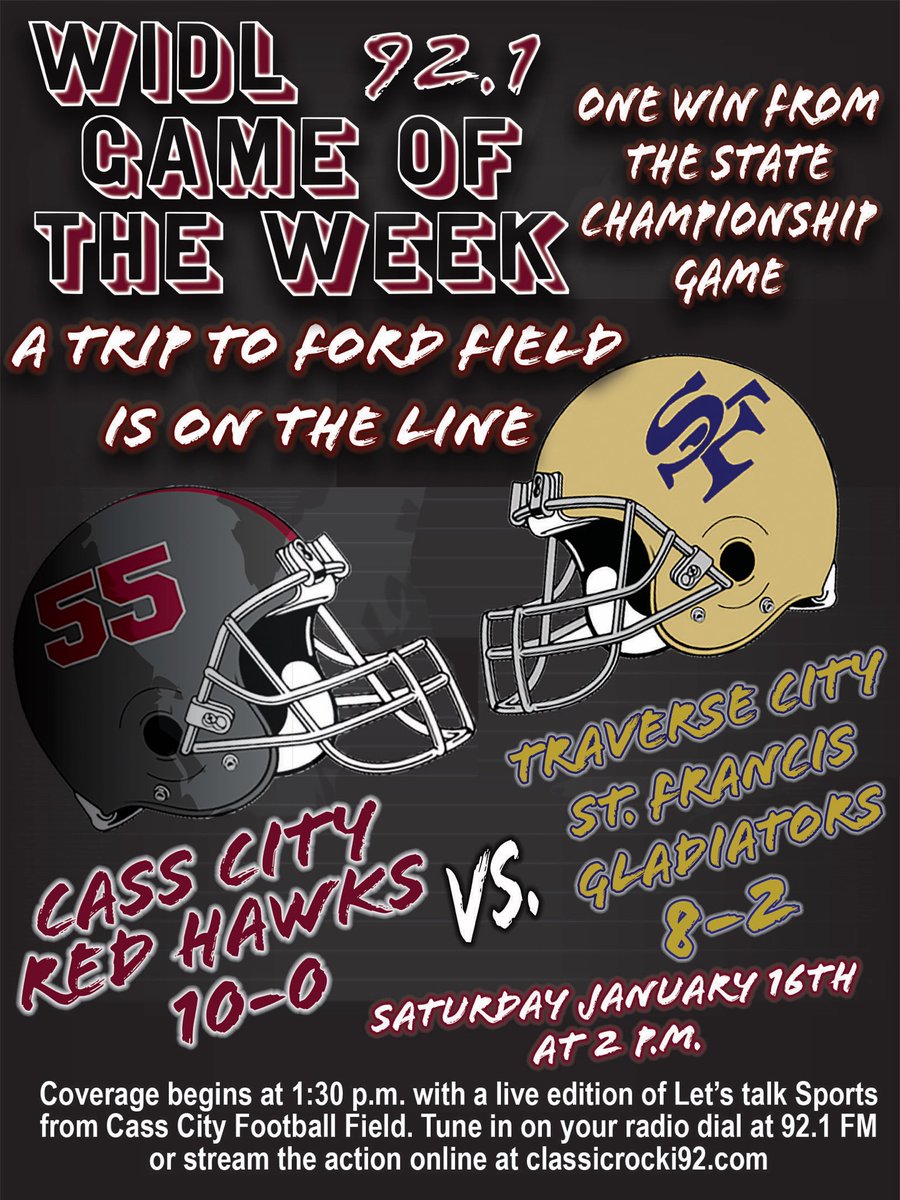 Let's Talk Sports (@letstalksports3) on Twitter photo Bringing it back to the Thumb.
Tune in this Saturday for the Division 7 semifinal showdown between <a href="/cass_football/">Cass City Football</a> and <a href="/TCSFAthletics/">Gladiator Sports</a>! Bringing it back to the Thumb.
Tune in this Saturday for the Division 7 semifinal showdown between <a href="/cass_football/">Cass City Football</a> and <a href="/TCSFAthletics/">Gladiator Sports</a>!