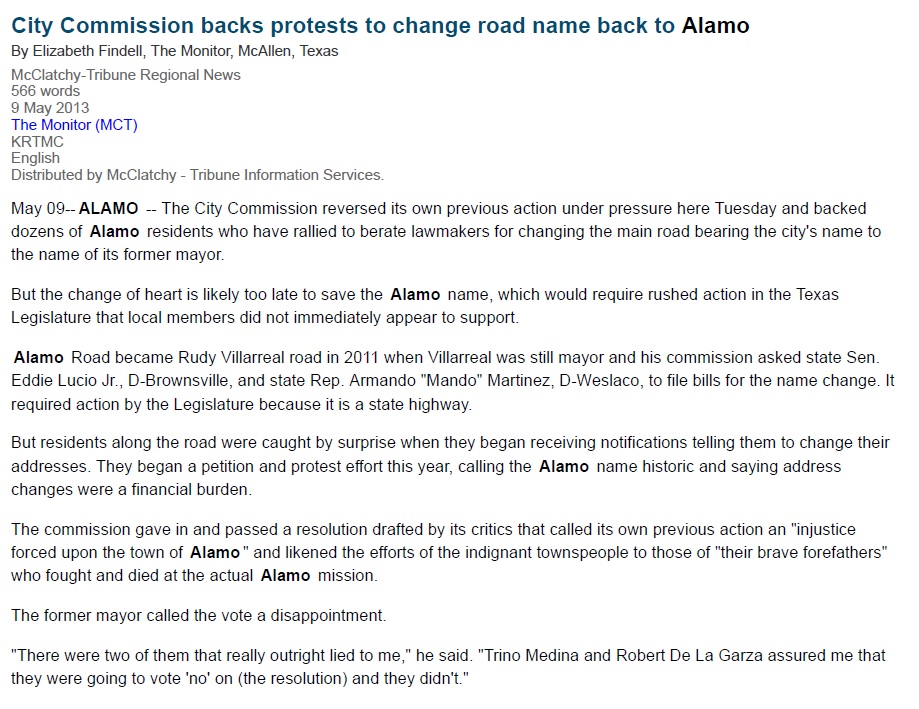 Alamo's ex-Mayor Rudy Villarreal loved to tell stories about migrant farmworking & how his family built the Y-Not Bar building as a grocery in the '30s.In 2011 he renamed the city's main street, Alamo Road, after himself, with the support of  #txlege. Locals were not happy.
