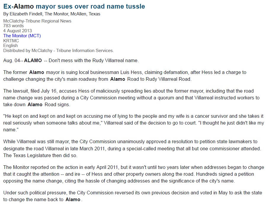 Alamo's ex-Mayor Rudy Villarreal loved to tell stories about migrant farmworking & how his family built the Y-Not Bar building as a grocery in the '30s.In 2011 he renamed the city's main street, Alamo Road, after himself, with the support of  #txlege. Locals were not happy.