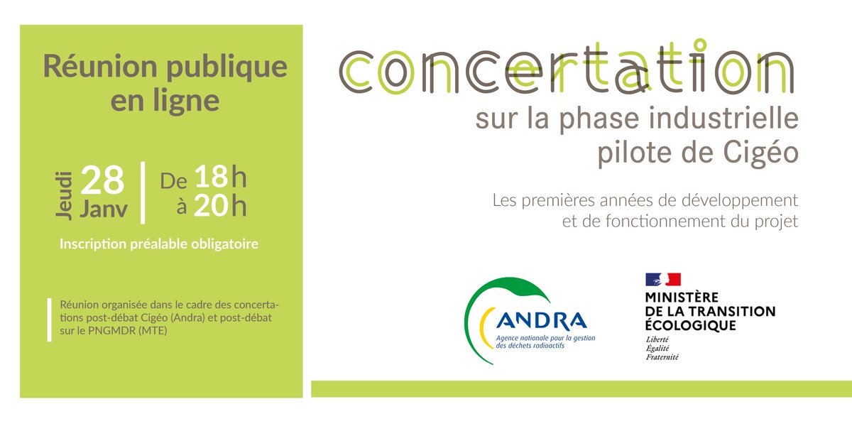 🗓️A vos agendas!!! Participez le 28 janvier à la réunion publique en ligne "La concertation sur phase industrielle pilote du projet #Cigéo"
‼️Inscription obligatoire : concertation-cigeo@andra.fr 
N'hésitez pas à visiter note site dédié à la #concertation et y poser vos questions