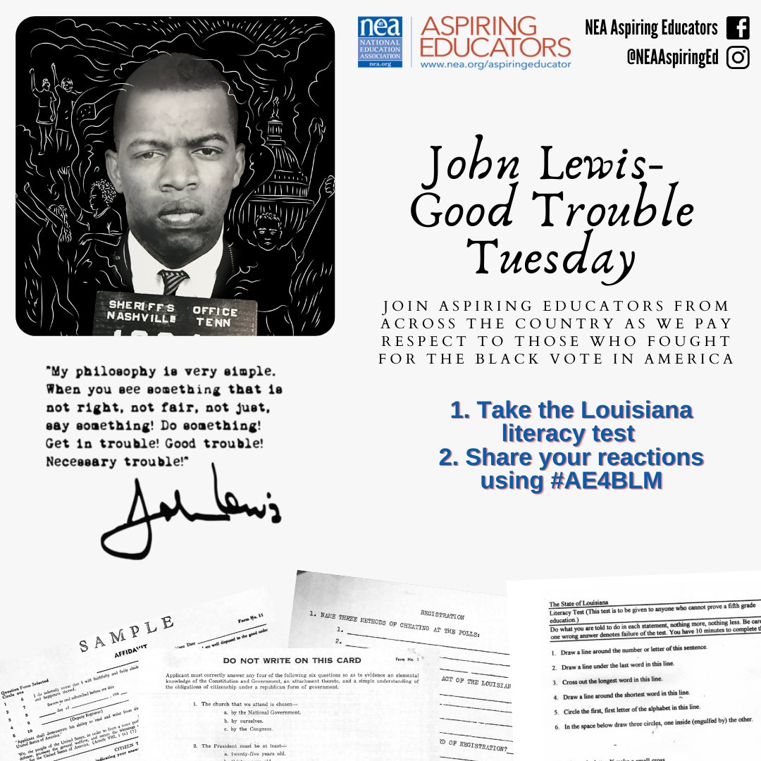 NEAToday's tweet photo. For today's #AE4BLM call to action, we acknowledge the Black Americans whose blood, sweat, and tears were sacrificed to create a movement against systemic racism and voter suppression in America. Join us for #GoodTrouble Tuesday and learn more here: https://t.co/D3baTlMH7W https://t.co/Q9Zx6PKQRz