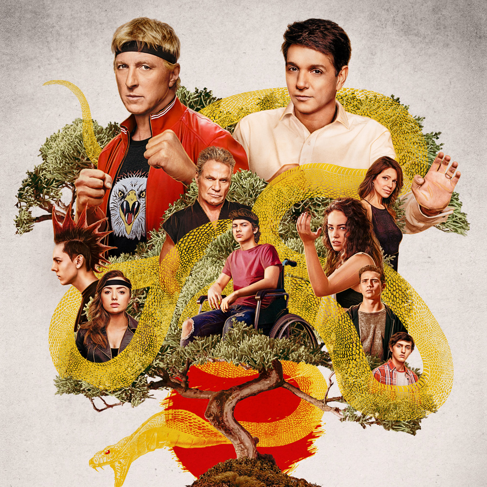 Cobra Kai stars are artfully drawn within the branches of a Bonsai tree 
