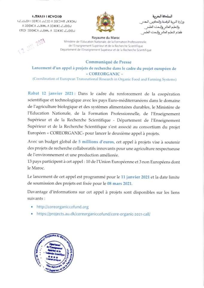 Saaid_Amzazi's tweet photo. Rabat, 12 janvier 2020: Communiqué de presse
Lancement d’un appel à projets de recherche dans le cadre du projet européen🇪🇺
« #COREORGANIC ».
#ENSSUP #recherchescientifique https://t.co/4U7e1qWCBn