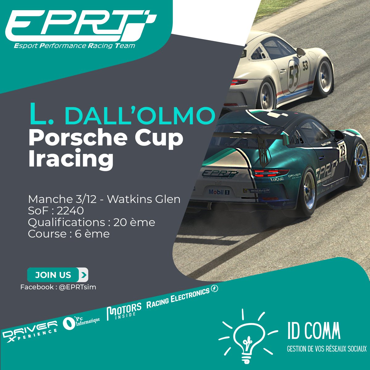 EPRTsim's tweet image. 🏎️ Porsche Cup - @iRacing 🏎️

👨‍🦱 Lucas Dall'Olmo
♣️ SOF : 2240
📍 Watkins Glen
🚩 Q20
🏁 P6

👨‍🦱 Nicolas Billy
♣️ SOF : 2273
📍 Watkins Glen
🚩 Q20
🏁 P11