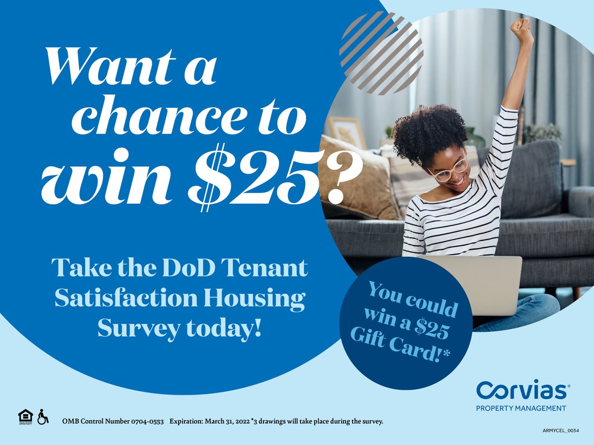 USArmyFortSill's tweet photo. The DoD Tenant Satisfaction Housing Survey is still accessible. Please take the survey by Jan 30 and let your voice be heard. Too easy! #FiresStrong #Corvias

#Values #Resiliency #ExcellenceintheFundamentals
@TRADOC @USArmy @usacac https://t.co/gougjZKUNZ