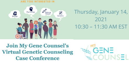 MyGeneCounsel's tweet photo. Join us this Thursday, January 14 from 10:30-11:30am EST for our first Case Conference of 2021! We will be joined by @mwhardy47 of @MyJScreen. Click the following link to reigster: https://t.co/nxFtOa1aON #gcchat #futuregc #geneticcounseling #genetics https://t.co/sdQbTqXWd9